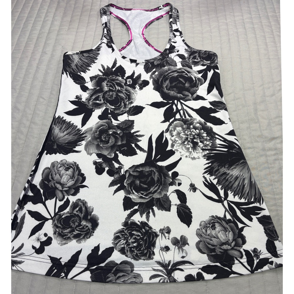 Lululemon Womens Cool Racerback Tank Top Black and White Floral Roses Size 4 XS